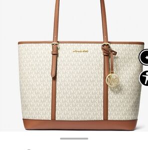 Michael Kors Logo Monogram Jet Set Beige and Brown Tote Bag Classic Style GUC